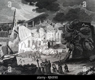 Ein kupferstich mit der Darstellung der Zerstörung von Lissabon durch ein Erdbeben im Jahre 1755. Vom 18. Jahrhundert Stockfoto