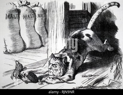 Eine Karikatur kommentieren die Abschaffung der Malz Steuer im Jahr 1880. William Ewart Gladstone ist gezeigt, wie eine Katze, die Ratte (das Finanzamt) getötet. Illustriert von John Tenniel (1820-1914). Vom 19. Jahrhundert Stockfoto