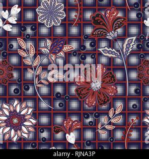 Hand zeichnen blühenden Garten Blumen am Fenster überprüfen oder Grid nahtlose Muster. Vektor Wiederholungsmuster für Mode-, Fabric- und alle Drucke. Stock Vektor