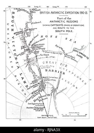 Eine Karte besonders vorbereitet Die Geschichte von Captain Scott's Expedition zu illustrieren. Der schattierte Bereich wird entweder bekannte oder vermutete, das Land zu sein. Robert Falcon Scott (1868-1912) eine britische Royal Navy Officer. Vom 20. Jahrhundert Stockfoto