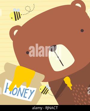 Nahaufnahme Abbildung der niedliche Bär mit Honigtopf und Bienen. Design für Baby und chindren. Hand gezeichneten Stil. Kann für Kinderzimmer Dekoration verwendet werden, greeti Stock Vektor
