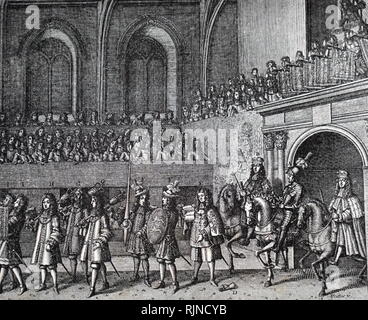 Ein kupferstich mit der Darstellung der Herausforderung bei der Krönung von König James II. Vom 19. Jahrhundert Stockfoto