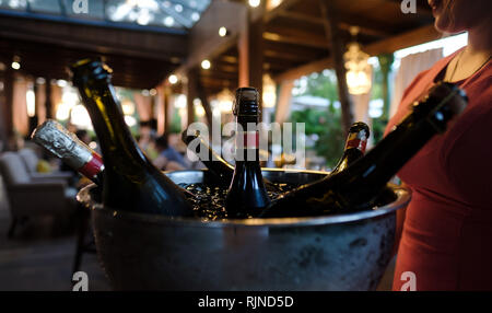 Flasche Wein im Eiskübel im Restaurant zum Dinner Party. Kalte Flasche Champagner Stockfoto