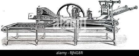 Ein kupferstich mit der Darstellung der Keks Schneidemaschine von Gierner & Scheffus, Hamburg hergestellt. Vom 19. Jahrhundert Stockfoto