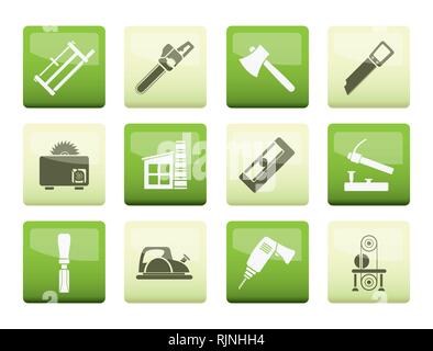 Holzverarbeitende Industrie und Werkzeuge für die Holzbearbeitung Symbole über Farbe Hintergrund - Vektor Icon Set Stock Vektor