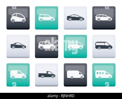 Verschiedene Arten von Autos Symbole über Farbe Hintergrund - Vektor Icon Set Stock Vektor