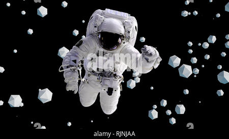 Astronaut zwischen geometrischen Objekten vor einem schwarzen Hintergrund (3D-Illustration, Elemente dieses Bild von der NASA eingerichtet sind Fliegen) Stockfoto