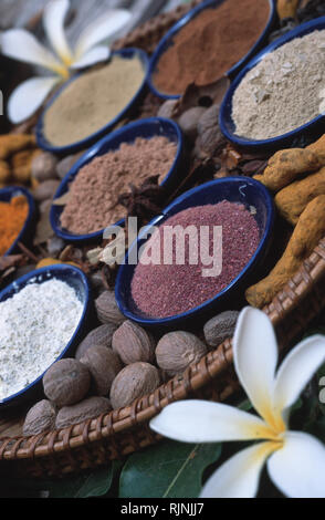 Bildunterschrift: Jaipur, Rajasthan, Indien - Apr 2003. Körbe voller Kräuter und Gewürze, die in der ayurvedischen Präparaten im Banyan Tree Ayurvedic Spa in Rajv verwendet Stockfoto