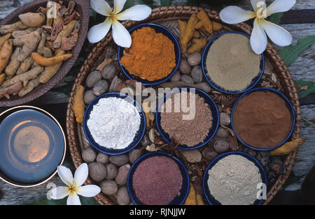 Bildunterschrift: Jaipur, Rajasthan, Indien - Apr 2003. Körbe voller Kräuter und Gewürze, die in der ayurvedischen Präparaten im Banyan Tree Ayurvedic Spa in Rajv verwendet Stockfoto