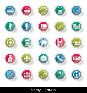 Flughafen, Reise und Verkehr über farbigen Hintergrund - Vektor Icon Set Stock Vektor