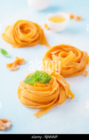 Frisches rohes ungekocht hausgemachte Twisted pasta Tagliatelle mit Eigelb und Shell über hellblau hinterlegt. Stockfoto