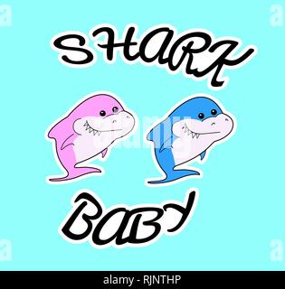 Schwester und Bruder hai Hai. Rosa und blauen Meer Tiere. Vektor Shark Familie - T-Shirts, Hoodies, Tank, Geschenke. Vector Illustration Stock Vektor