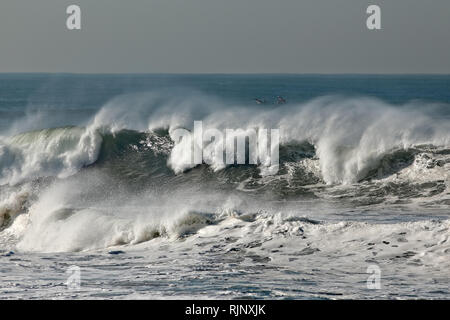Big sea wave brechen in einem Strand aus nördlichen portugiesischen Küste sehen, wie ein kleines Fischerboot hinter die Welle Detaillierte Stockfoto