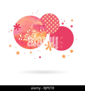 Abstrakte moderne Grafik Design Elemente. Kreis stern Formen mit Polka Dots und Aquarell gemalten Hintergrund Textur sind in pink und orange Layered Stockfoto