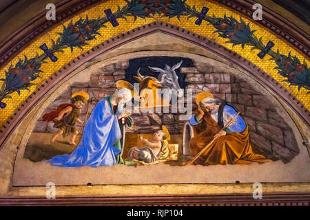 Baby Jesus Maria Joseph Krippe Fresco Kapelle der Kirche Santa Maria Novella Florenz, Italien. Erste Kirche in Florenz gegründet 1357 Stockfoto