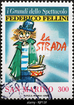 Plakat der Film La Strada von Fellini auf Briefmarke Stockfoto