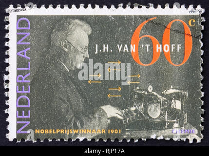 Niederlande - ca. 1991: einen Stempel in den Niederlanden gedruckten zeigt Jacobus H. Van't Hoff, Niederländisch Nobelpreisträger in Chemie, ca. 1991 Stockfoto