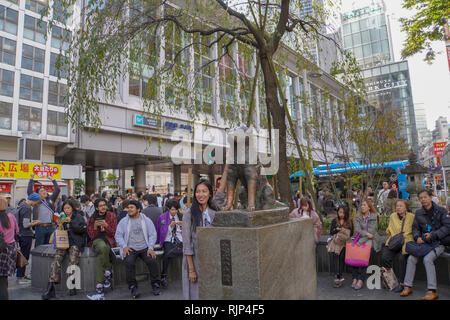 Bronzestatue von Akita Hund Hachiko am Bahnhof Shibuya Tokio, Japan Stockfoto