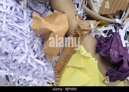 Detail der Müll mit Pappe, zerrissenes Papier und Papier Stockfoto