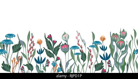 Die nahtlose Vektor florale mit Kräutern und Blumen gezeichnet. Muster endlos, mit Blüte Blume. Florale nahtlose Grenze mit Blüten Illustration Stock Vektor