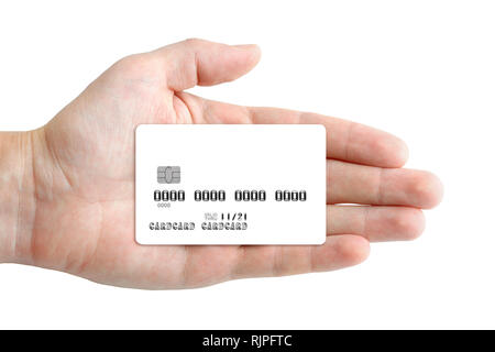 Mockup der Kreditkarte in der Hand auf weißem Hintergrund Stockfoto
