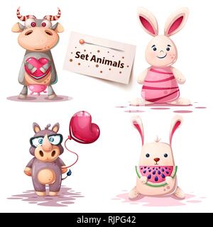 Kuh, Hase, Nashorn-set Tiere. Stock Vektor