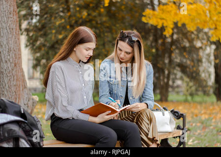 Zwei schöne junge Freundinnen machen Sie sich Notizen während sitzen auf einer Bank im Herbst Park Stockfoto