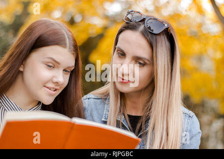 Zwei schöne junge Mädchen, mit Vergnügen, ein Buch lesen im Herbst Park Stockfoto