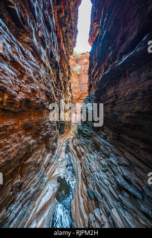 Wandern in der Weano Gorge in Karijini National Park zu Handlauf, Western Australia Stockfoto