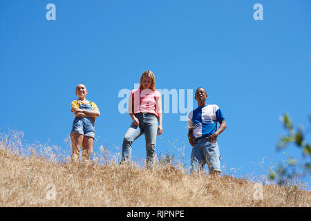 Drei junge erwachsene Freunde auf dem Hügel im Park, Low Angle View, Los Angeles, Kalifornien, USA Stockfoto