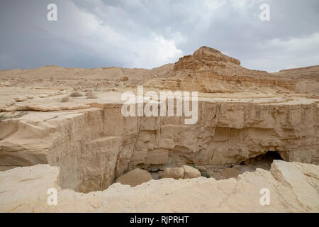 Deep Dry River Gorge cut in trockenen Mergel Sandstein durch Hochwasser, Totes Meer, Israel Stockfoto