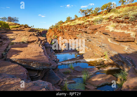 Wandern in der Wüste Schlucht Aussichtspunkt in Karijini National Park zu joffre, Western Australia Stockfoto