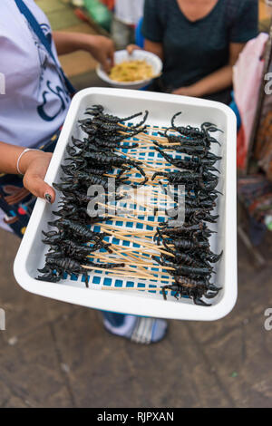 Gekochte Scorpions zum Verkauf zu essen, da das Essen von einer Straße Essen in Bangkok, Thailand, Abschaltdruck Stockfoto