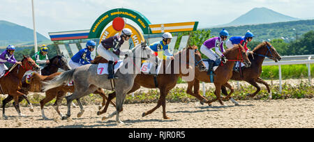 Pyatigorsk, Russland - Juni 26,2016: Pferd Rennen um den Preis der Ogranichiitelni, Russlands größte Hippodrom in Pyatigorsk, Kaukasus, Russland starten Stockfoto