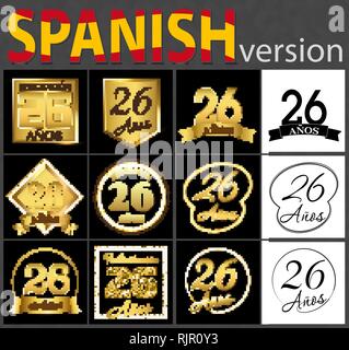 Satz von Nummer 26 Jahre (26 Jahre) fest. Jahrestag goldene Vorlage Anzahl Elemente für Ihre Geburtstagsfeier. Aus den Übersetzten Stock Vektor