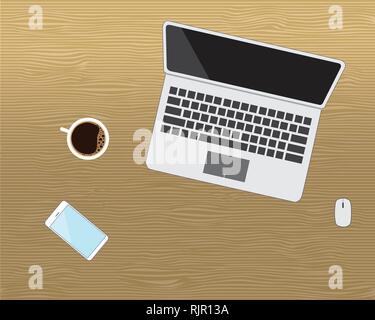 Computer Notebook mit einem Smartphone und eine Tasse Kaffee auf hölzernen Schreibtisch Stock Vektor