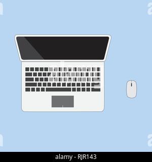 Computer Notebook mit der Maus auf den blauen Hintergrund Stock Vektor