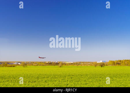 Passagierflugzeug landet auf Start- und Landebahn am Flughafen Pulkowo. Jets am Himmel über dem Feld. Passagier- und Frachtverkehr auf den großen internationalen Flughafen von St. Petersburg, Russland Stockfoto