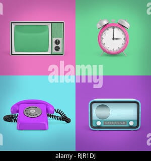 3D-Rendering von vier Kontrast Hintergrund Quadrate mit einem retro Telefon, ein Radio, ein Fernseher und ein Wecker. Retro Appliances. Haushalt Technologien. Ein Stockfoto