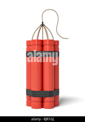3D-Rendering aus einem Bündel von Dynamite Sticks stehend auf einem weißen Hintergrund. Erkunden Sie Tiefen der Erde. Explosive funktioniert. Dynamite liefert. Stockfoto