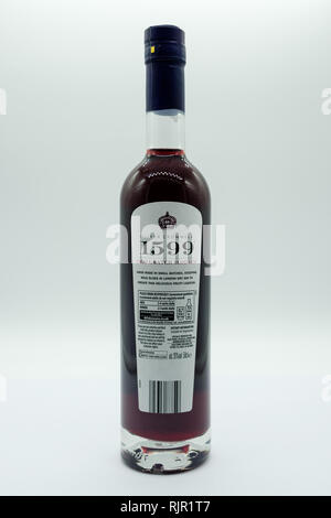 Largs, Schottland, Großbritannien - 04 February, 2019: eine Flasche der Marke Sloe Gin mit hinteren Label angezeigte Produkte: BRITISCHE Regierung trinken bewusst Informationen und Details eines Stockfoto
