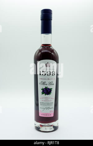 Largs, Schottland, Großbritannien - 04 February, 2019: eine Flasche der Marke Sloe Gin mit hinteren Label angezeigte Produkte: BRITISCHE Regierung trinken bewusst Informationen und Details eines Stockfoto