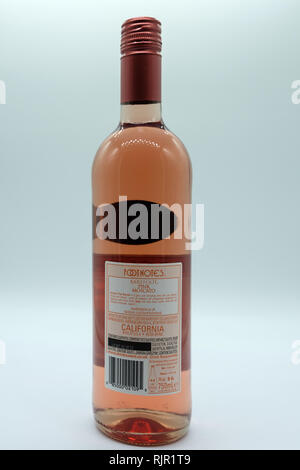 Largs, Schottland, Großbritannien - 04 February, 2019: eine Flasche Wein der Marke stieg mit hinteren Label angezeigte Produkte: BRITISCHE Regierung trinken bewusst Informationen und Details Stockfoto