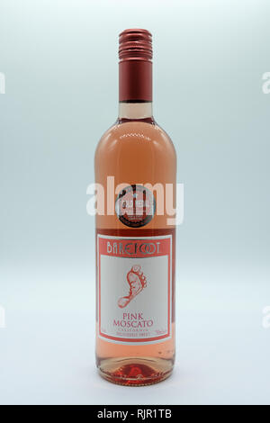 Largs, Schottland, Großbritannien - 04 February, 2019: eine Flasche Wein der Marke barfuß Rose im Glas Flasche, die auf alle britischen Kommunen recycelt werden. Stockfoto