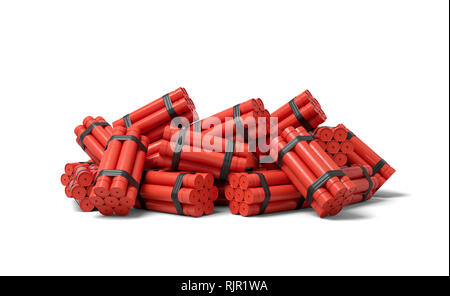 3D-Rendering von einem Haufen Bündel von Dynamite Sticks auf einem weißen Hintergrund. Geologische Erkundung. Sandstrahlen Verbindungen. Gefährliche Industrie. Stockfoto