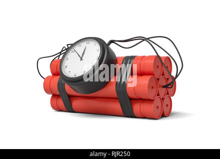 3D-Rendering aus einem Bündel von Dynamite Sticks mit einer Uhr an der Seite von es auf einem weißen Hintergrund. Gefährliche Arbeit. Explosive liefert. Zerstören Stockfoto