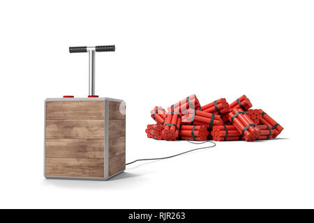 3D-Rendering von tnt Dynamite Sticks mit detonator Box auf weißem Hintergrund. Digitale Kunst Strahlmaschine. Kolben Detonator. Stockfoto
