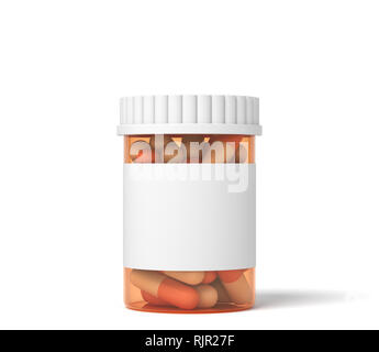 3D-Rendering für eine transparente Glas mit 2-farbigen Pillen mit leeren Etiketts auf einem weißen Hintergrund. Gesundheit und Medikamente. Behandlung und Heilung. Pharmace Stockfoto