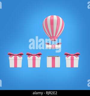 3D-Rendering von vier quadratischen gewickelt vorhanden Kästen mit Heißluftballon geöffnet Stockfoto