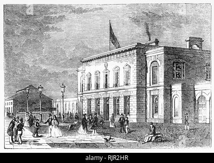 Blackwall war ein Bahnhof in Blackwall, London, als der östliche Endpunkt der kommerziellen Railway (später die London und Blackwall Railway) serviert. Es wurde auf der Südseite der East India Docks, an der Themse, unten aus dem westlichen Endhaltestelle Fenchurch Street. Der Bahnhof wurde vom Architekten William Tite in einem reich verzierten italienischen Stil gestaltet und eröffnet am 6. Juli 1840 mit Dienstleistungen verbinden mit einer Fähre nach Gravesend, Kent. Stockfoto